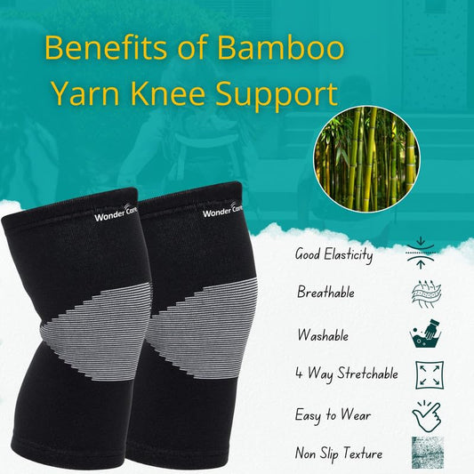 BUY 1 Get 1 FREE Wonder Care Black Bamboo Knee Sleeves for Men/Women, Knee Support for Running, Gym, Badminton, Sports, Compression Knee Sleeves | Perfect Knee Brace for Knee Pain and Enhanced Comfort